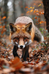 Fototapeta premium A red fox is walking through a dense forest, the ground covered in fallen leaves. The foxs vivid fur contrasts with the autumnal hues of the surrounding foliage