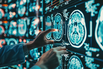 Neurotechnology researchers analyze brain scans, developing brain-computer interfaces for medical diagnosis. - obrazy, fototapety, plakaty