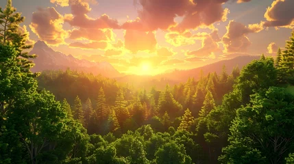 Foto op Canvas 3d rendering of cartoon  forest landscape Panorama of a beautiful sunrise © Valentin
