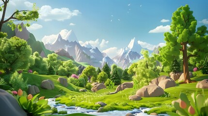 3d rendering of cartoon forest landscape with montains - obrazy, fototapety, plakaty