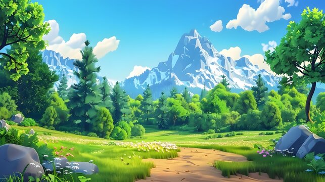 3d rendering of cartoon forest landscape with montains