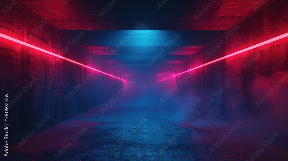 Poster a mysterious long hallway illuminated by red and blue lights. suitable for various dark and dramatic