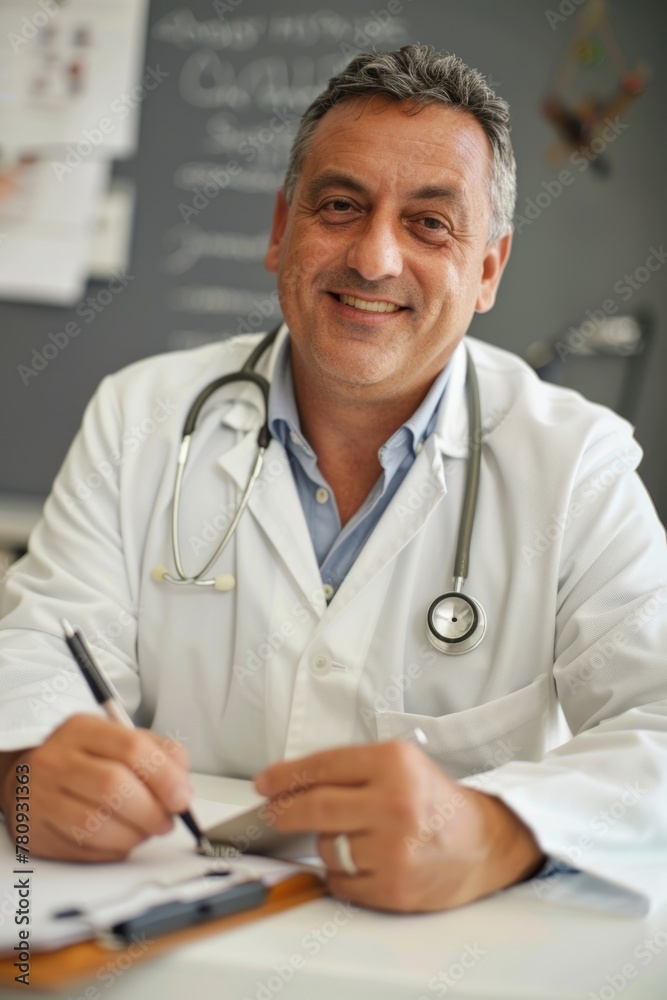 Poster a man in a white lab coat sitting at a desk. suitable for science and education concepts