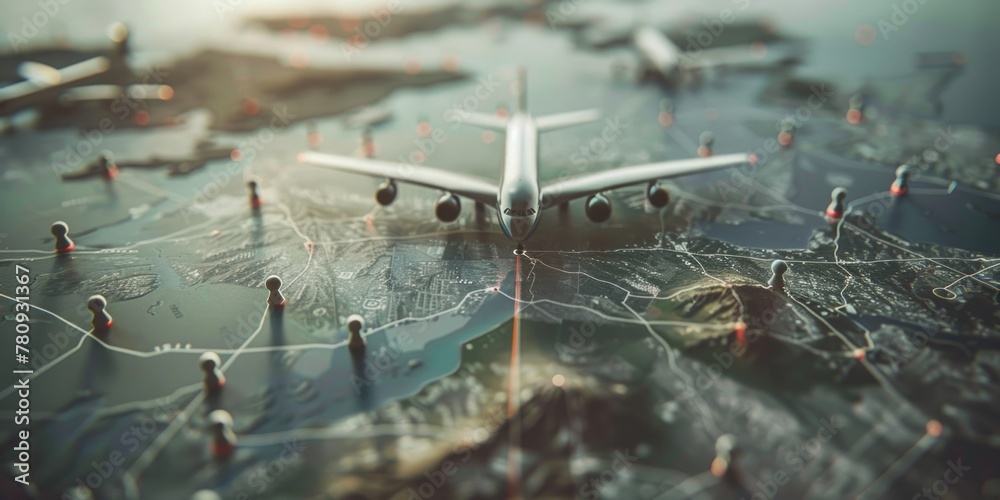 Poster airplane flying over a map of the world, suitable for travel concepts