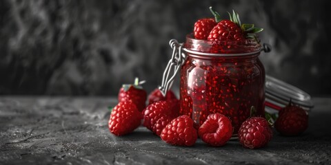 Fresh raspberries in a jar on a wooden table, perfect for food and kitchen themes