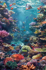 Many different types of fish swim in a colorful underwater scene, showcasing the variety of marine life present in the habitat