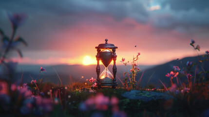 An hourglass stands among wildflowers, aligning perfectly with the setting sun on a serene horizon - obrazy, fototapety, plakaty