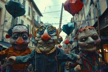 A group of puppets hanging from strings in a street. Ideal for advertising and entertainment concepts
