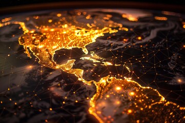Global Connectivity: Illuminated Network Nodes on World Map - obrazy, fototapety, plakaty