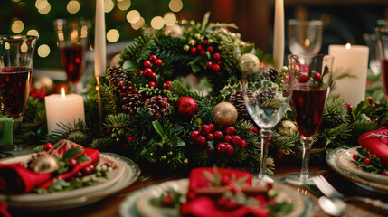 A Christmas table set with plates and candles for a festive dinner celebration