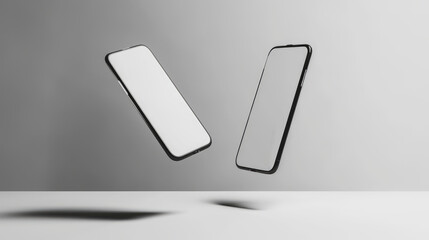 Two White Mobile Phones Floating In the Air Mockup 