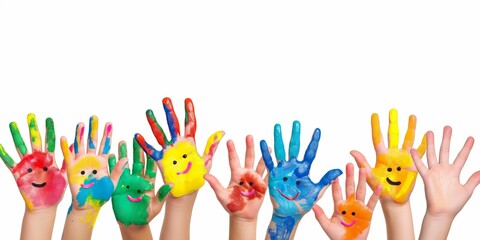 Colorful painted hands raised on white
