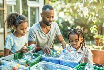 A family sorts recyclables into designated bins, showcasing eco-friendly habits at home while teaching children about sustainability and environmental responsibility.