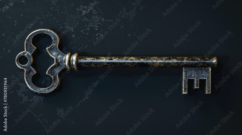 Poster an antique key resting on a dark surface. perfect for vintage design projects