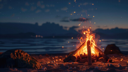A campfire burns bright against the dark night sky on a sandy beach, casting flickering shadows and illuminating the surrounding area