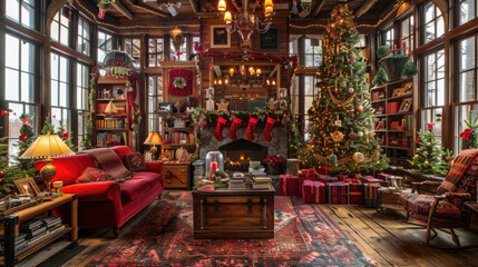 A living room overflowing with numerous Christmas decorations, including a tree, lights, ornaments, wreaths, stockings, and figurines - obrazy, fototapety, plakaty