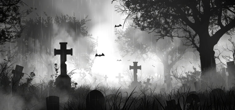Eerie black and white photo of a graveyard, perfect for spooky Halloween designs