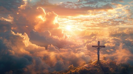  Holy cross the symbol of death and resurrection of Jesus Christ with dramatic sunset over hill on Easter day - obrazy, fototapety, plakaty