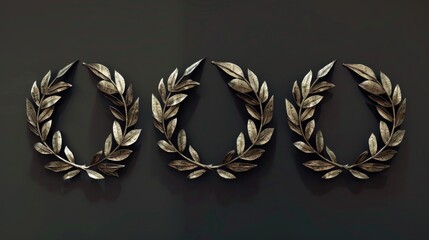 Three gold laurel wreaths on a black background. Perfect for awards or achievements