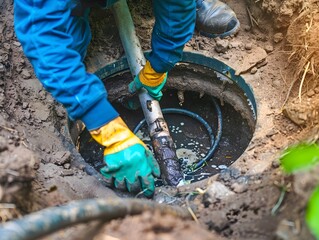 Man pumping out house septic tank. drain and sewage cleaning service