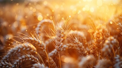 Golden wheat field. Close up of ripening ears. Sunset landscape, rural setting. Rich harvest background. Meadow wheat field.