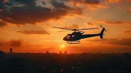 A helicopter soaring above a city skyline at sunset. Ideal for transportation and urban travel concepts