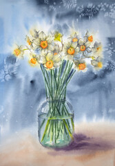 Hand painted watercolor still life with daffodils. Watercolor daffodils painting. Watercolor flowers, watercolor still life with flowers.