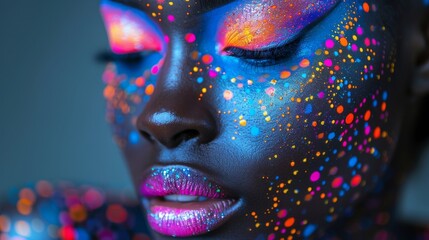 Female model in neon light, portrait of model with fluorescent make-up, Body Art design of disco dancer posing in UV, painted face, colorful make-up, over black background. - obrazy, fototapety, plakaty