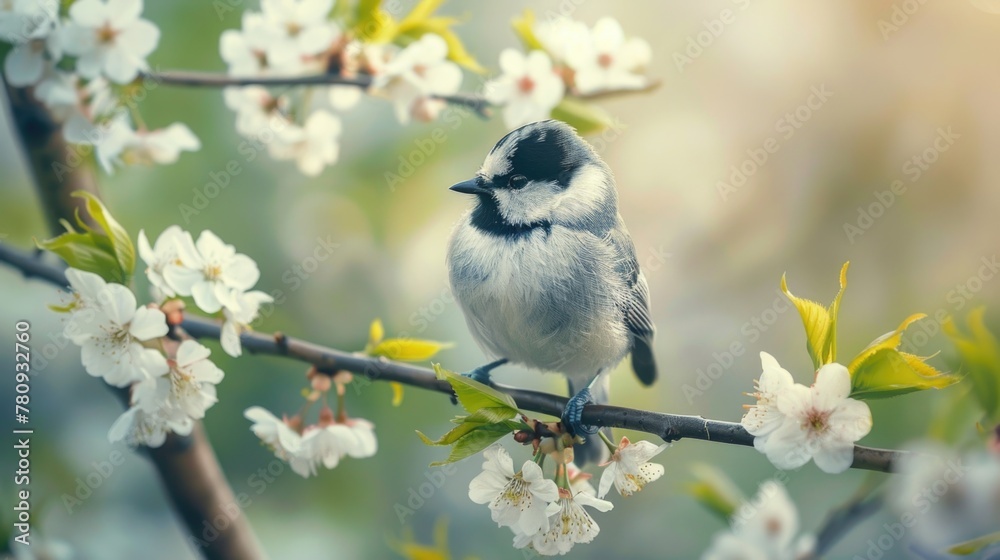 Poster a small bird sitting on a tree branch. suitable for nature and wildlife themes