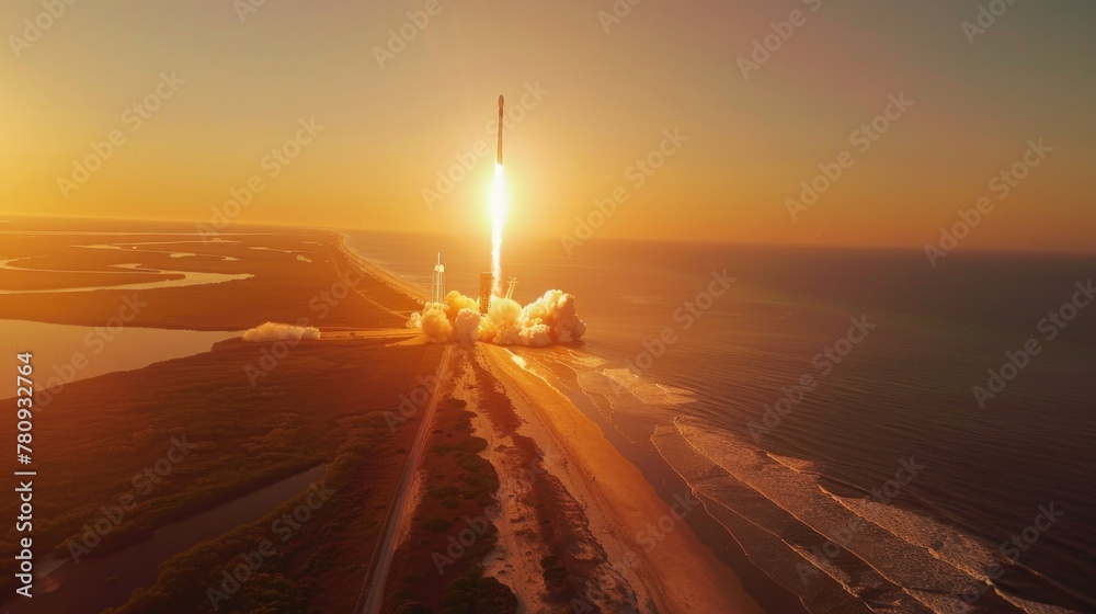 Poster rocket launching into the sky, perfect for technology and innovation concepts