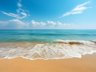 The gentle lapping of waves on a sandy shore under the clear blue sky - Powered by Adobe