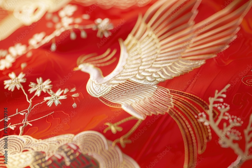 Poster a close up of a red cloth with a bird, suitable for various projects