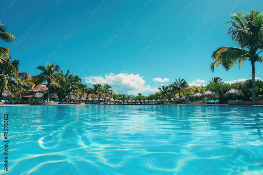 Poster relaxing scene with palm trees and a swimming pool. perfect for travel brochures