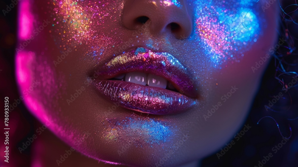 Wall mural A young woman with metallic silver lips poses in studio under bright neon blue and purple lights, beautiful girl with trendy glow make up, colorful make up. We see this high fashion model wearing