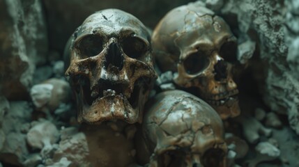 Group of skulls on top of a rocky pile. Suitable for Halloween or horror themes