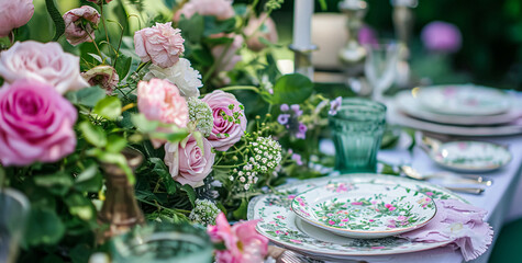 Obraz na płótnie Canvas Table setting with rose flowers and candles for an event party or wedding reception in summer garden.