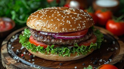   A hamburger on a wooden platter, topped with lettuce, tomato, and onion Background features tomatoes