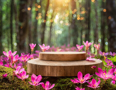 Wooden podium in the forest.  Fuchsia flowers and blurred green background. 