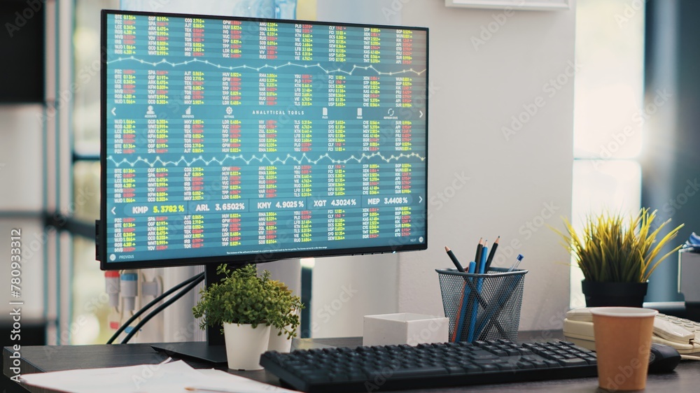 Poster market index listings values going up and down on computer monitor, price volatility concept. broker