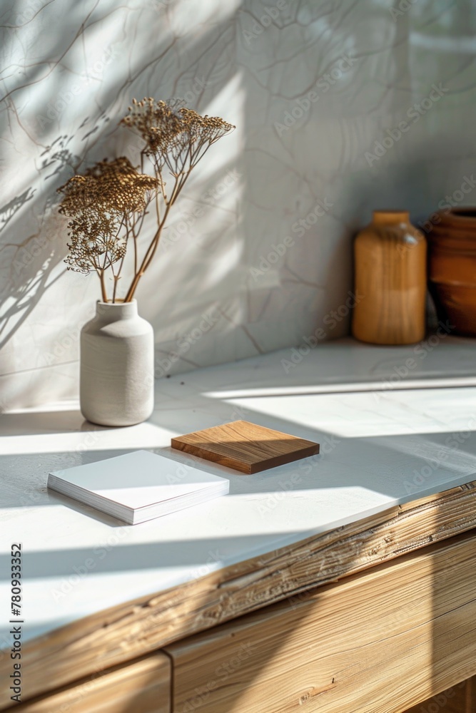 Poster a table with a book and a vase, suitable for interior design concepts