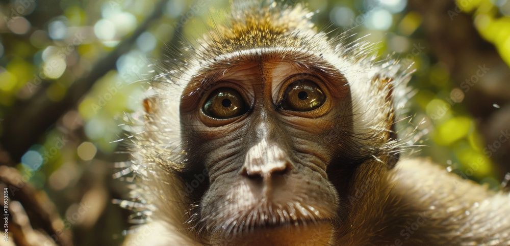 Aufkleber Close up of a monkey's face with trees in the background. Ideal for nature and wildlife concepts