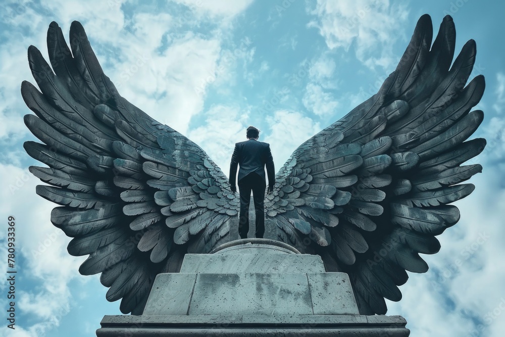 Poster A man standing on top of a statue with wings. Suitable for various creative projects