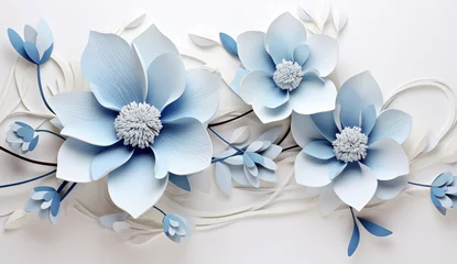 Zelfklevend Fotobehang 3d wallpaper with elegant blue flowers, magnolia and leaves, vector illustration design with white background  © Goodhim