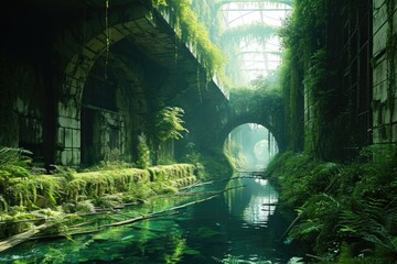 A city in the future covered in greenery, forest and trees filled the Megopolis , Abandoned , Empty streets, overgrown, alternative,