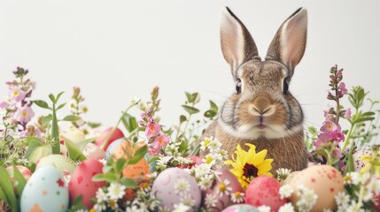 Fototapeta na wymiar A cute rabbit sitting in a field of colorful flowers. Perfect for spring or nature-themed designs