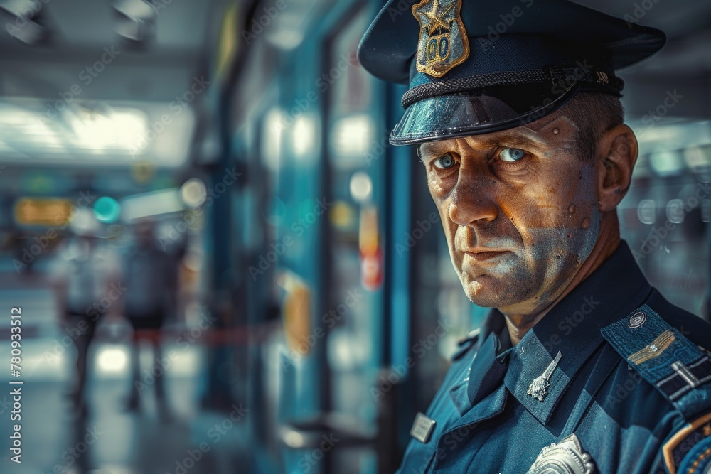 Poster a man in a police uniform standing in front of a building. ideal for law enforcement concepts