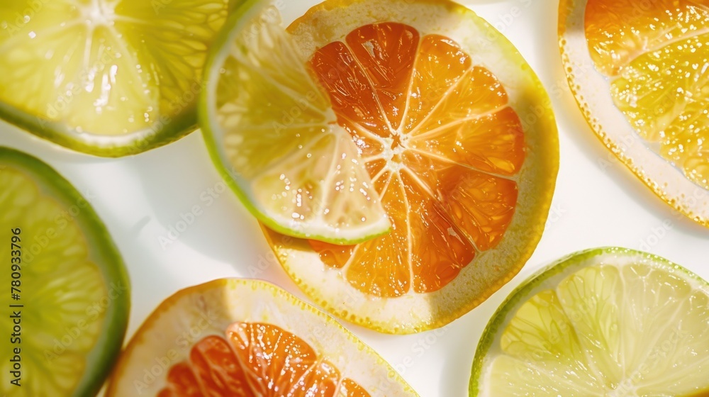 Aufkleber fresh halved oranges and limes on a clean white background. ideal for food and beverage concepts