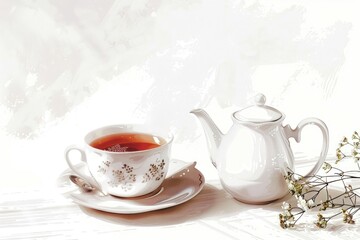 Tea pot and cup of tea on a wooden table, perfect for cozy home atmosphere