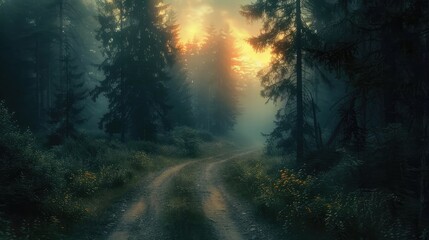 Enchanting Forest Path at Magical Sunrise or Sunset