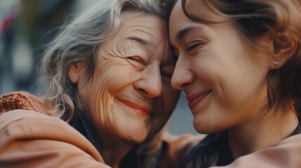Fototapeta premium An older woman hugging a younger woman. Suitable for family and love concepts